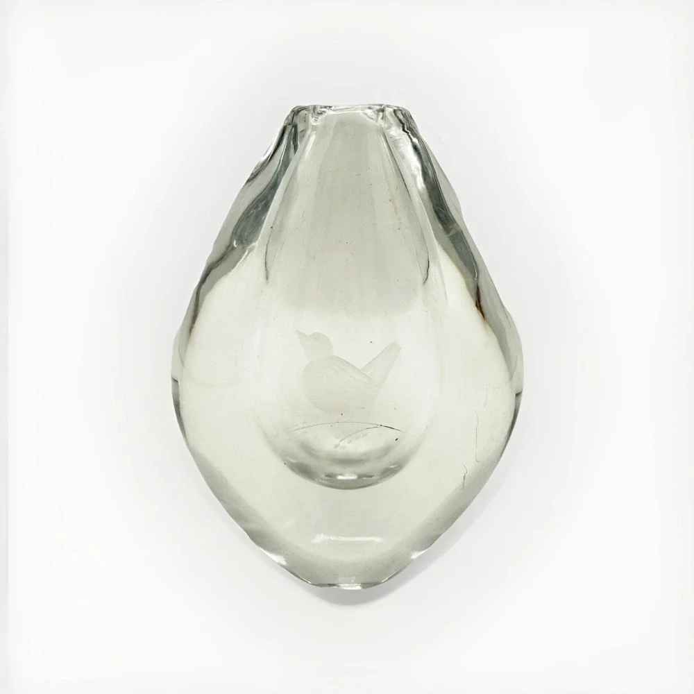 Vintage Orrefors Crystal Bud Vase Signed Scandinavian Art Glass Etched Bird